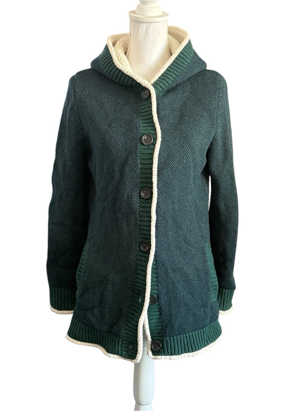 LL Bean| Cream Sherpa-Trim Hooded Cardigan| Cotton Wool Blend Cardigan